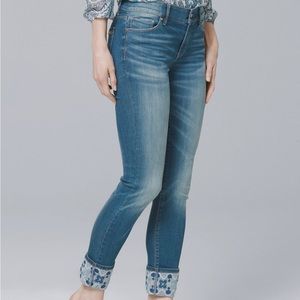 WHBM embroidered skinny jeans.